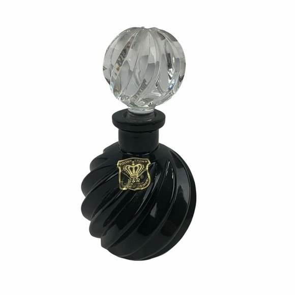 Golden Crown Hand Cut Lead Crystal Black Perfume Bottle & Stopper West Germany - Picture 1 of 8